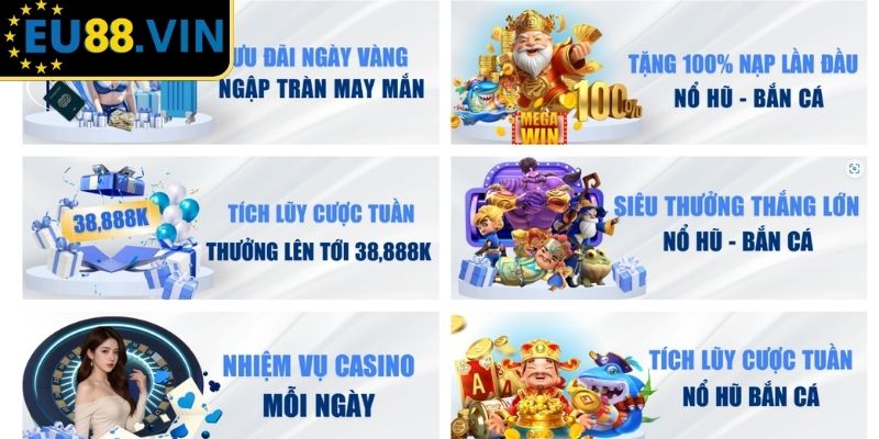 Khuyến Mãi EU88 - Cập Nhật Ưu Đãi Mới Nhất Cho Hội Viên 2025 1 Tặng 100% thưởng nạp đầu tiên cho hội viên mới