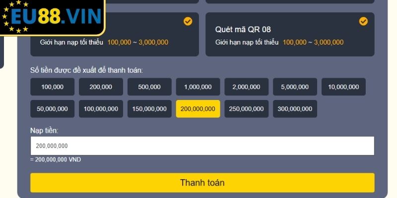 Nạp Tiền EU88 - Hướng Dẫn Chi Tiết Và Xử Lý Khi Gặp Sự Cố 2 Nạp tiền EU88 qua QR